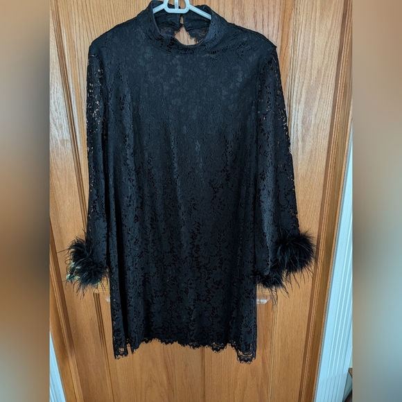 Cache Dresses & Skirts - Dressy NWT Cache Sz L Black Lace Dress with Feather Cuffs